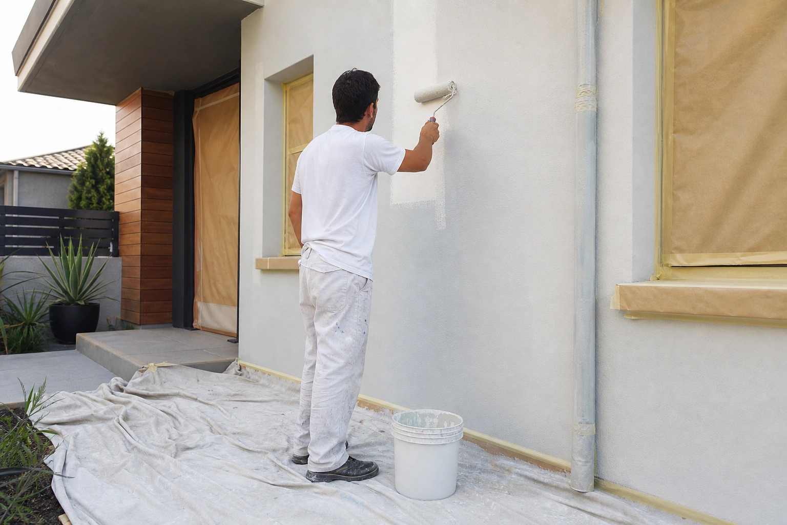 Aplicación de pintura exterior sobre fachada preparada