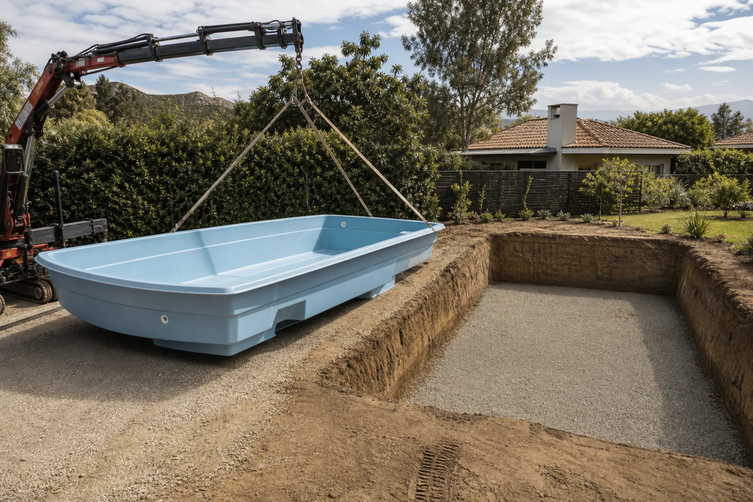Instalación de una piscina prefabricada de fibra en un patio residencial