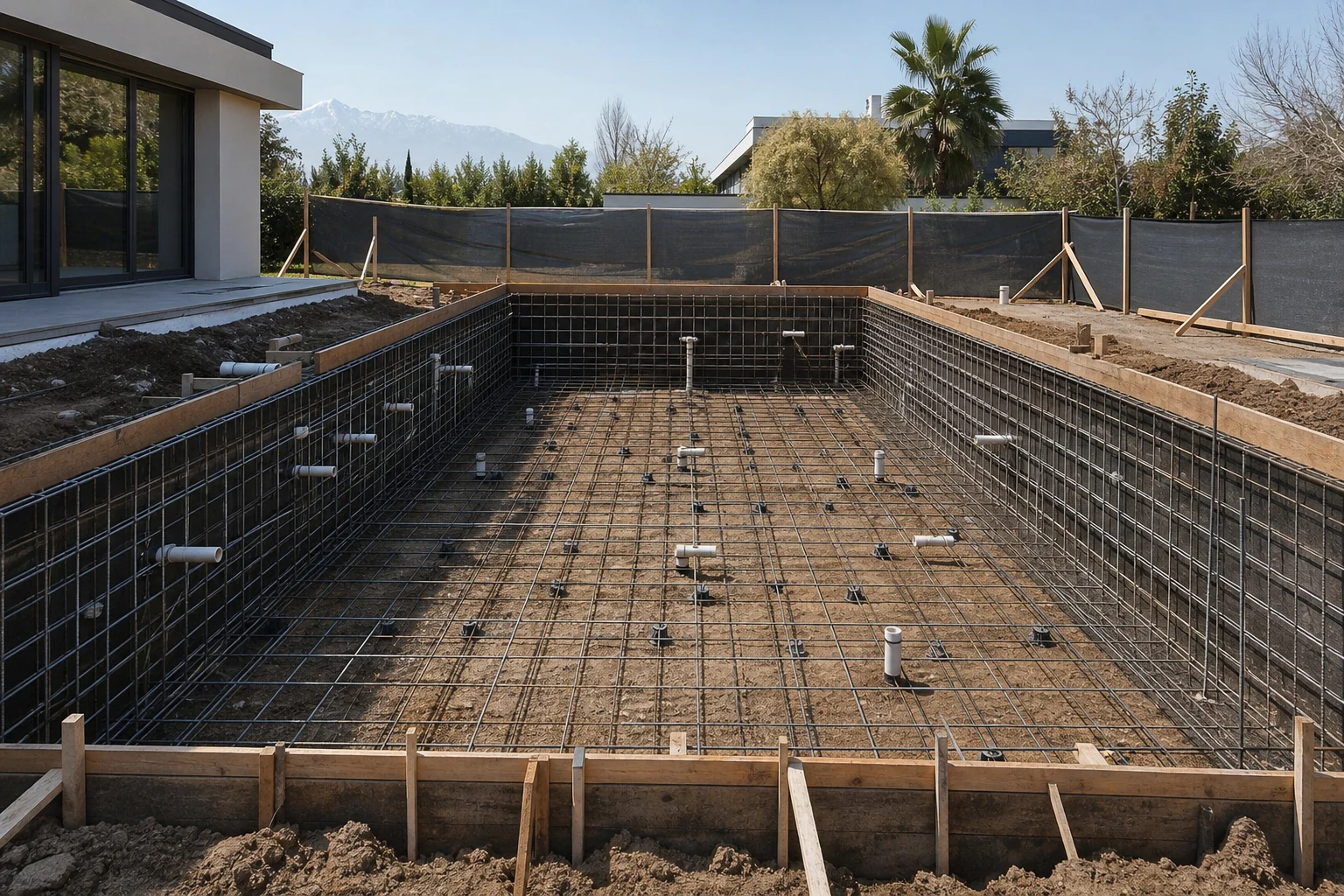 Estructura de acero e instalaciones antes de construir una piscina de hormigón