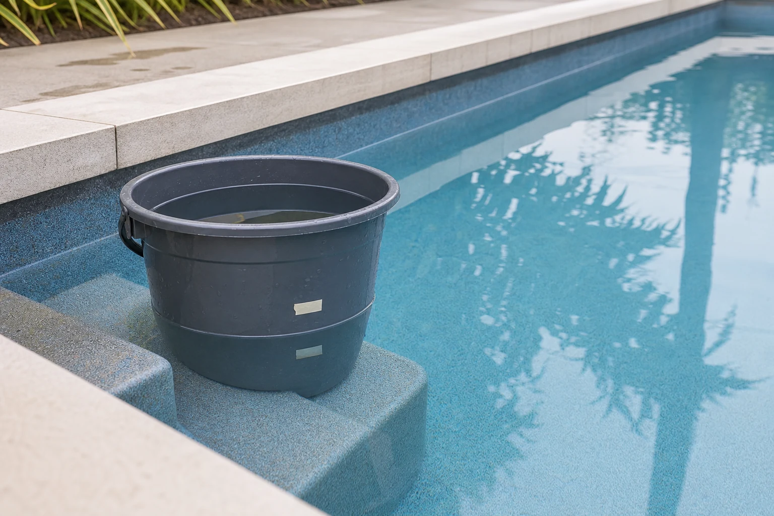 Balde parcialmente sumergido para comparar la evaporación con el nivel de una piscina