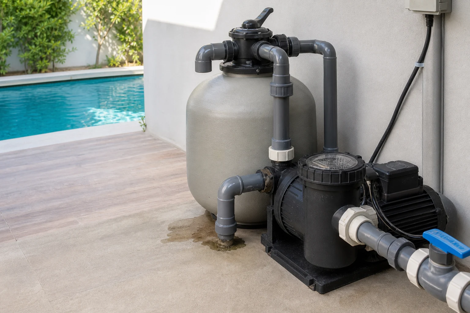 Equipo de filtración de piscina con tuberías y uniones accesibles para inspección visual