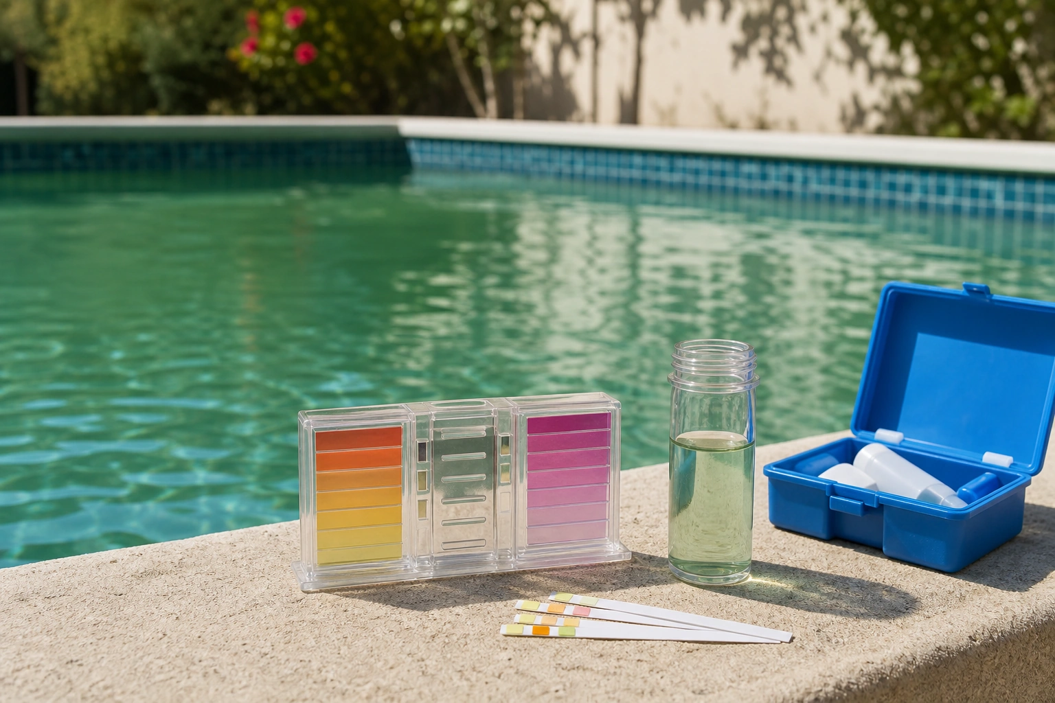 Kit para analizar cloro y pH junto a una piscina con agua turbia