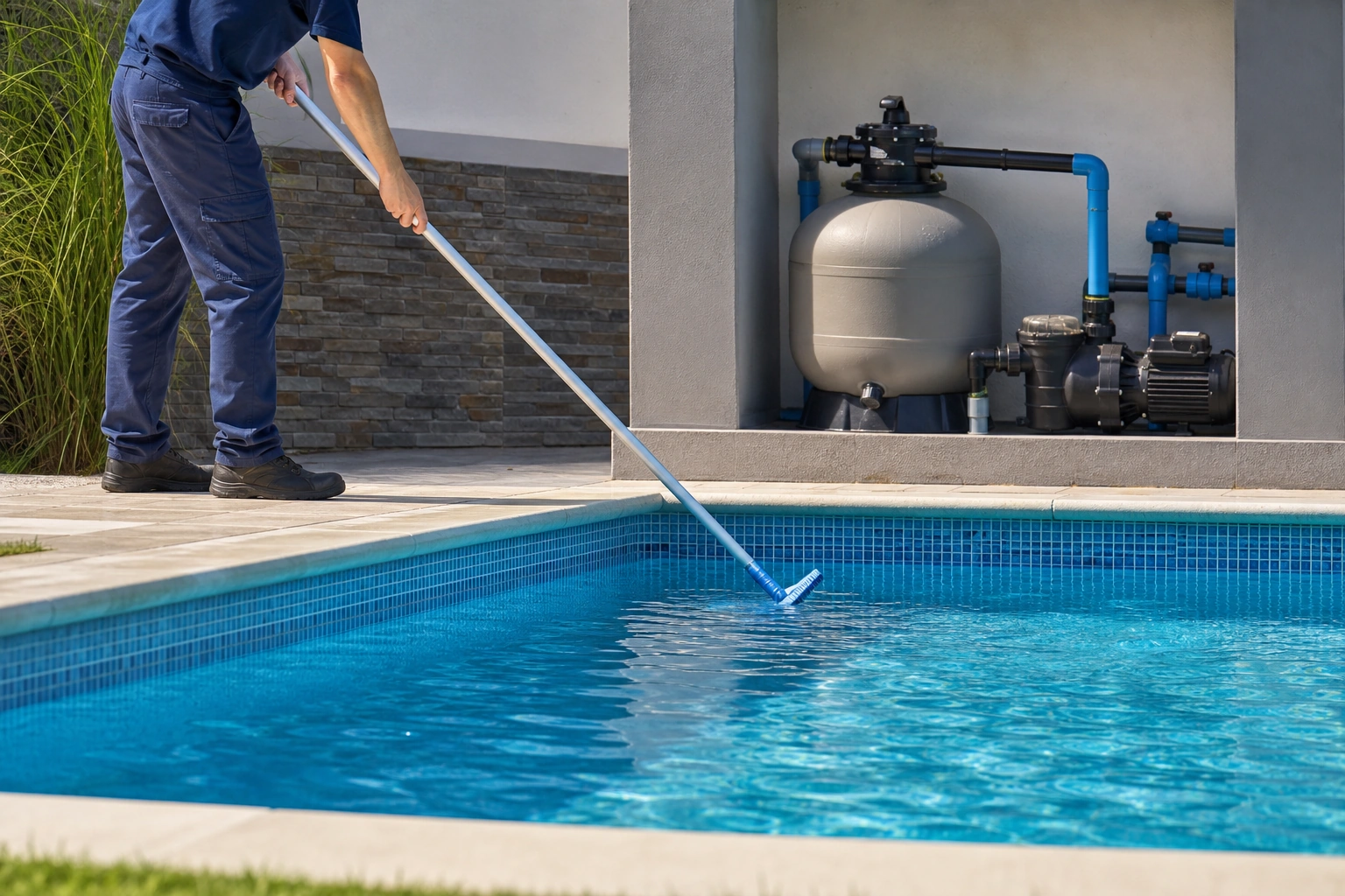Técnico cepillando una piscina y revisando su sistema de filtración