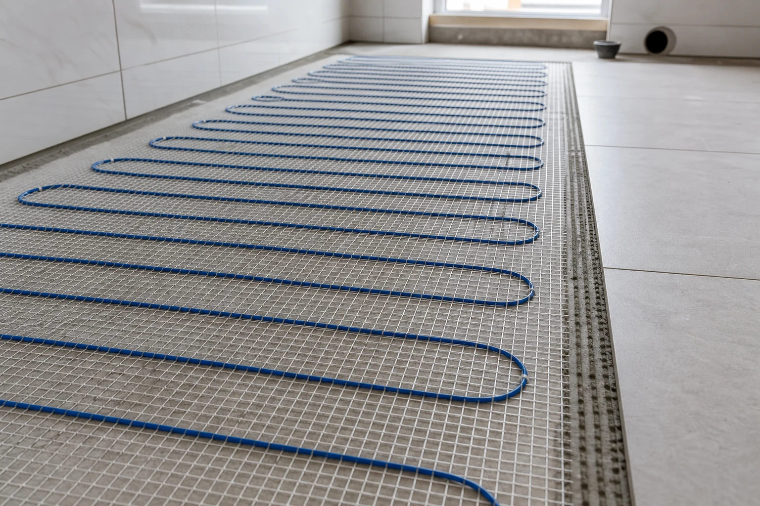 Detalle de malla calefactora eléctrica antes de cubrirla con el revestimiento del baño