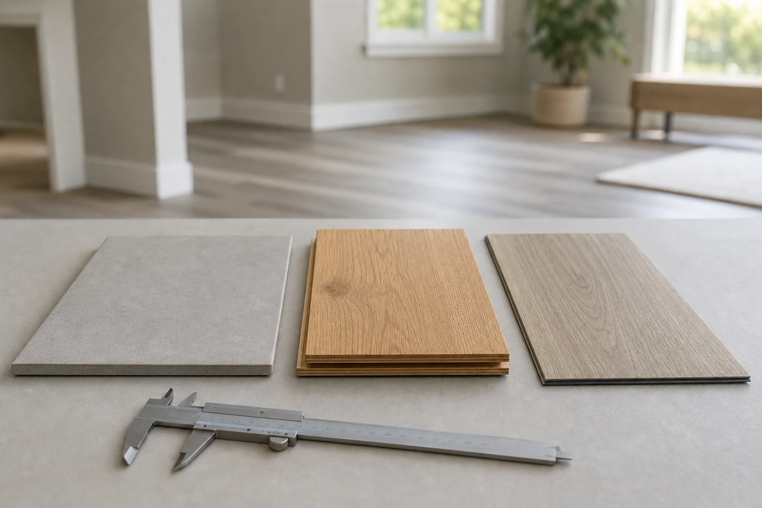 Muestras de porcelanato y revestimiento tipo madera para revisar su compatibilidad con piso radiante