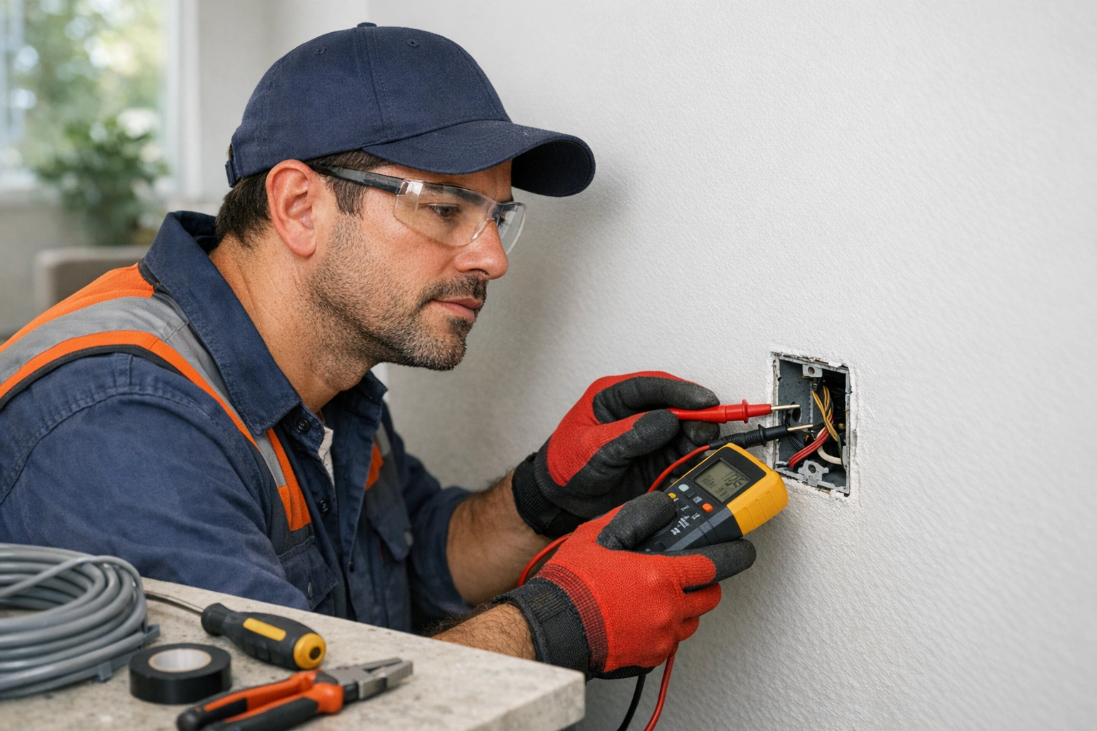 Revisión profesional de un circuito eléctrico residencial con herramientas aisladas