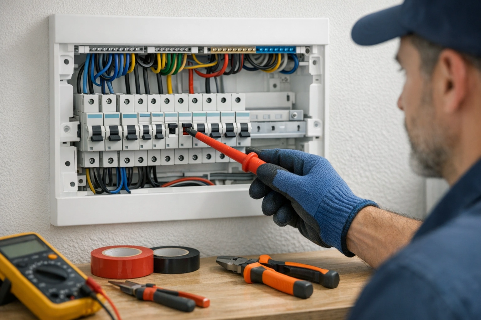 Electricista revisando un tablero eléctrico residencial después de que salta el automático