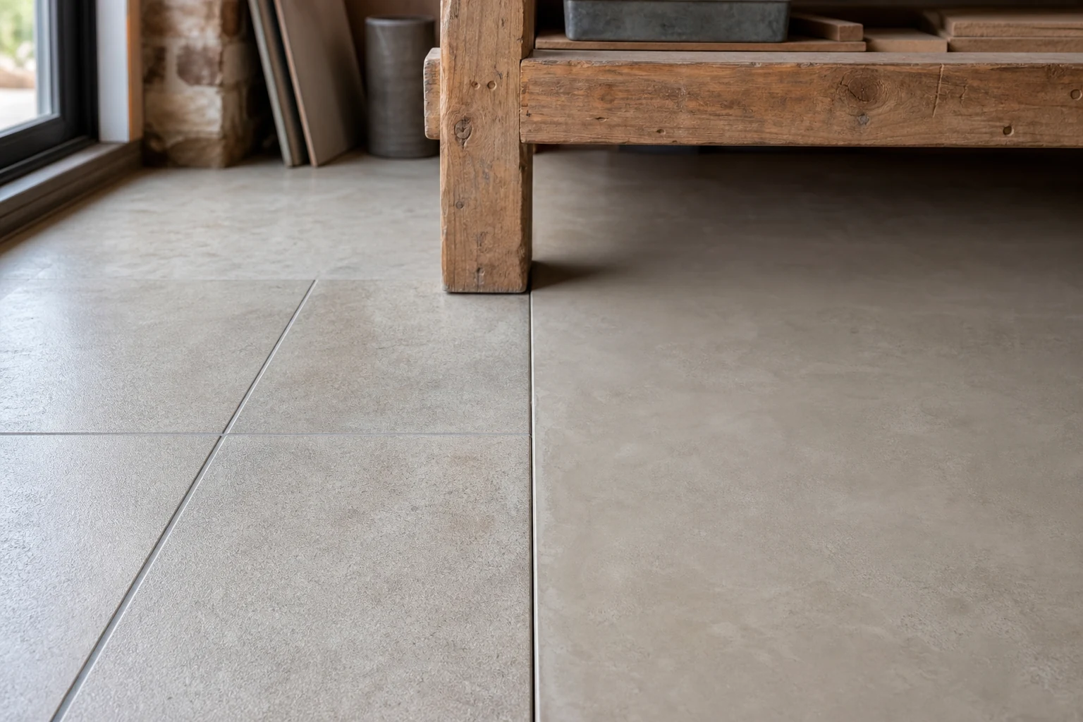 Muestras de porcelanato mate y microcemento sellado para un taller