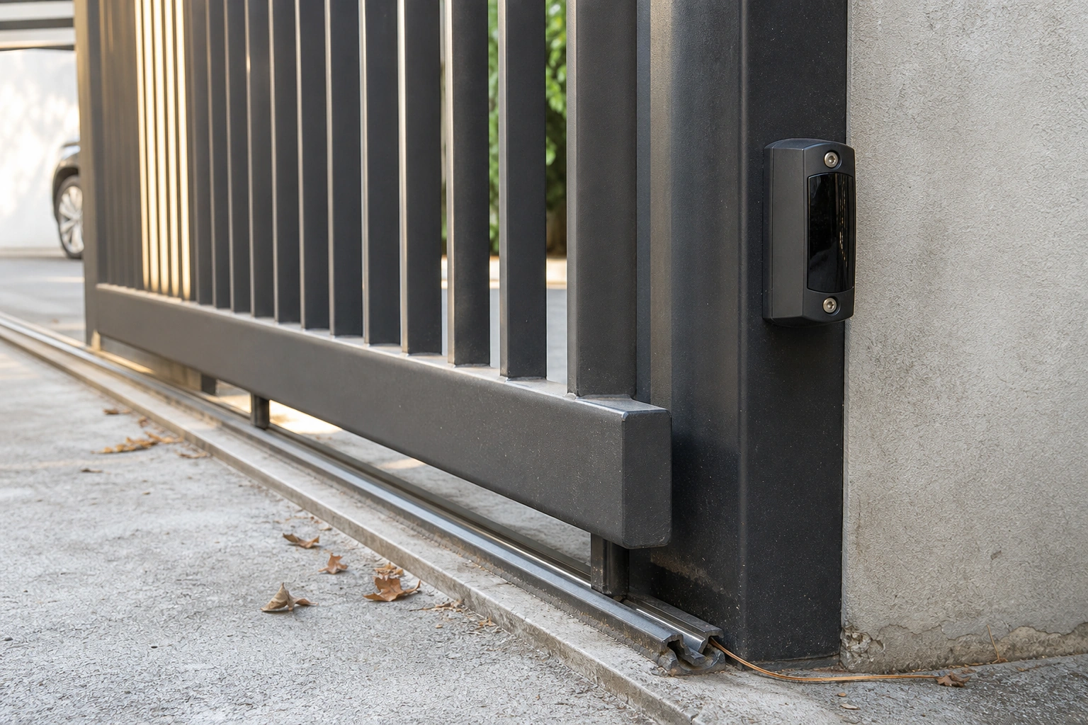Sensores y riel de un portón automático con posibles obstrucciones