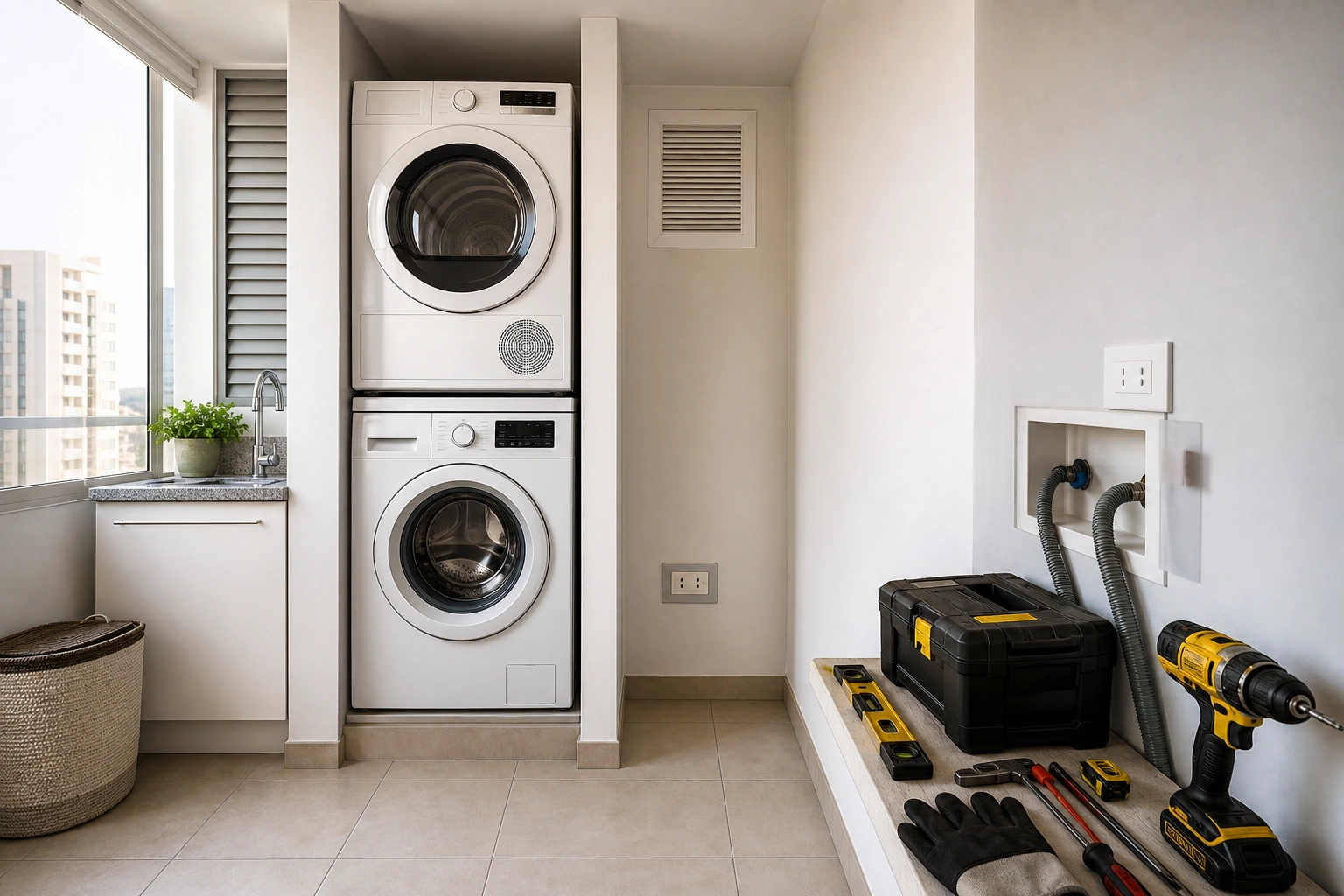 Logia con ventilación y espacio reservado para lavadora y secadora