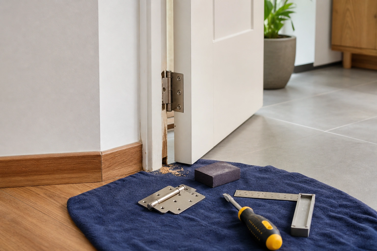 Herramientas de carpintería preparadas para ajustar bisagras y rebajar una puerta interior