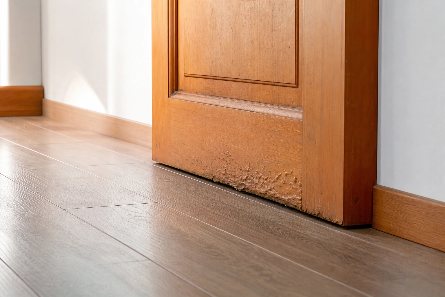 Puerta interior de madera con señales de humedad en el canto inferior