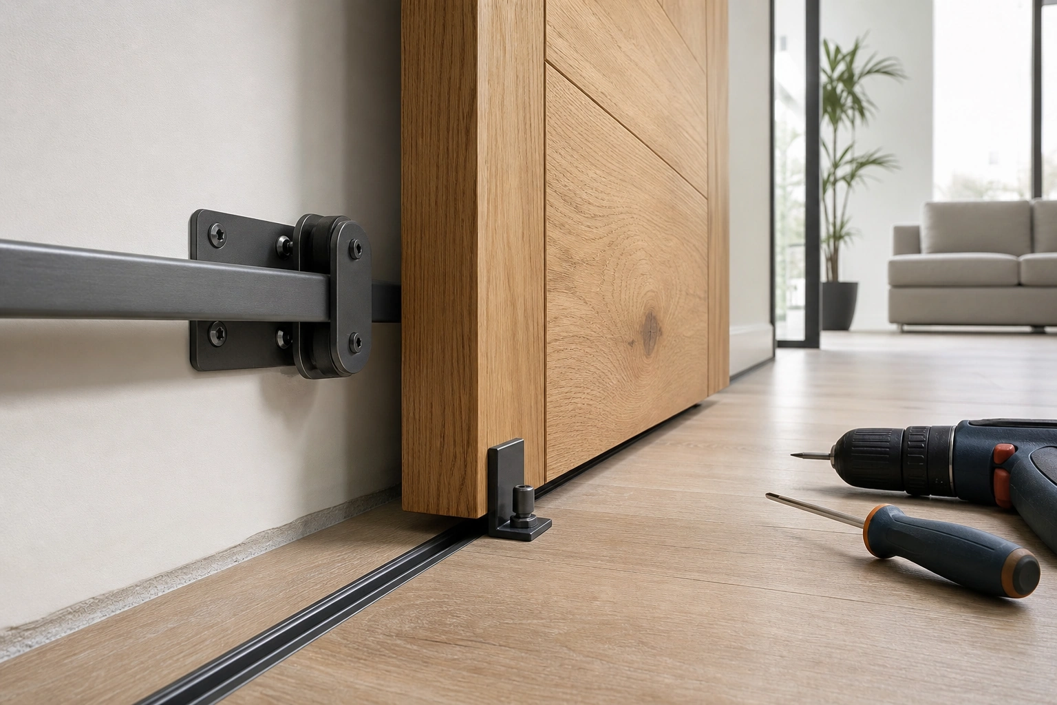 Riel y herrajes de una puerta corredera interior instalada en una vivienda