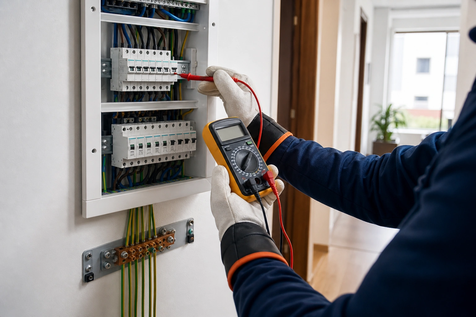 Electricista revisando tablero eléctrico y puesta a tierra en una casa