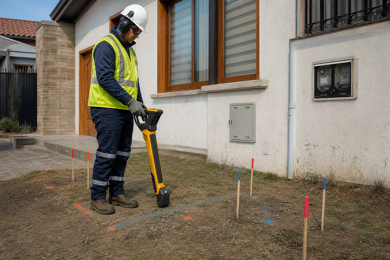 Técnico localizando tuberías y cables subterráneos antes de excavar un terreno