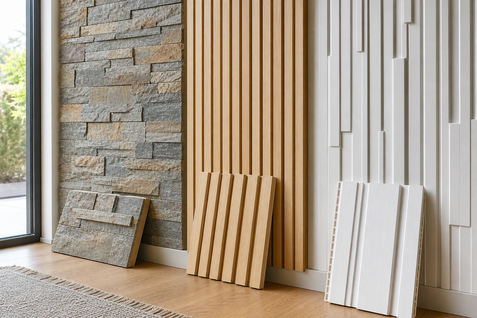 Muestras de revestimientos interiores de piedra, PVC y madera para muros