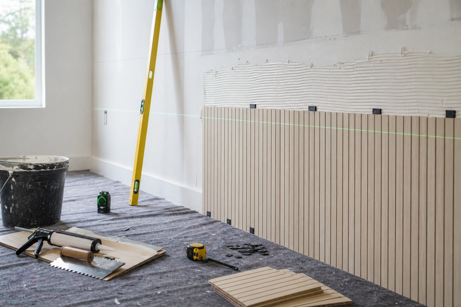 Preparación y nivelación de un muro antes de instalar revestimiento interior