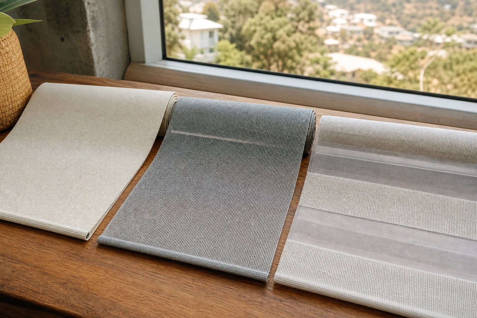 Muestras de tela blackout, malla sunscreen y franjas de cortina roller dúo junto a una ventana