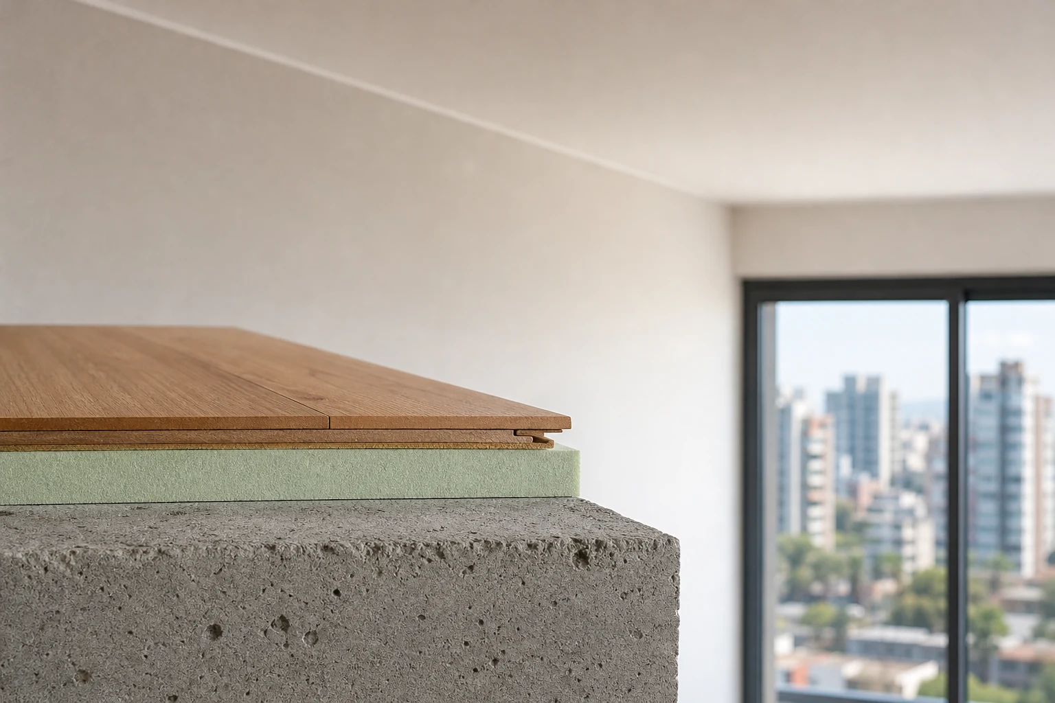 Muestra de piso con capa resiliente y unión al cielo para explicar el ruido de impacto