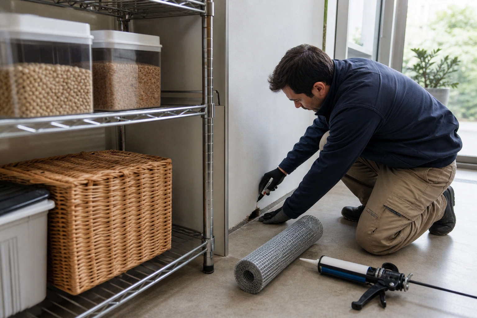 Sellado de accesos y orden de alimentos para prevenir roedores en una vivienda