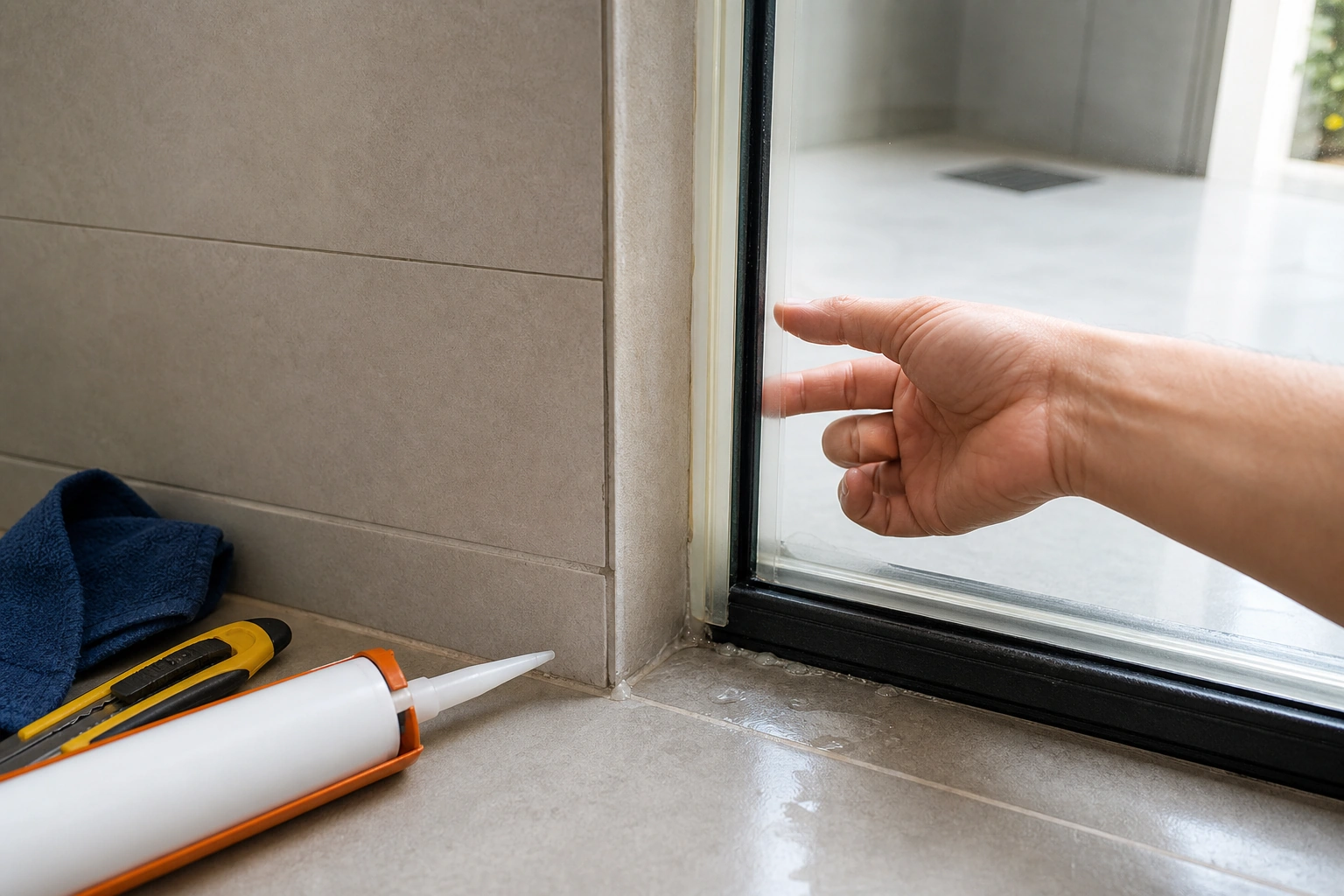 Sellos de shower door y silicona en ducha con agua saliendo al piso