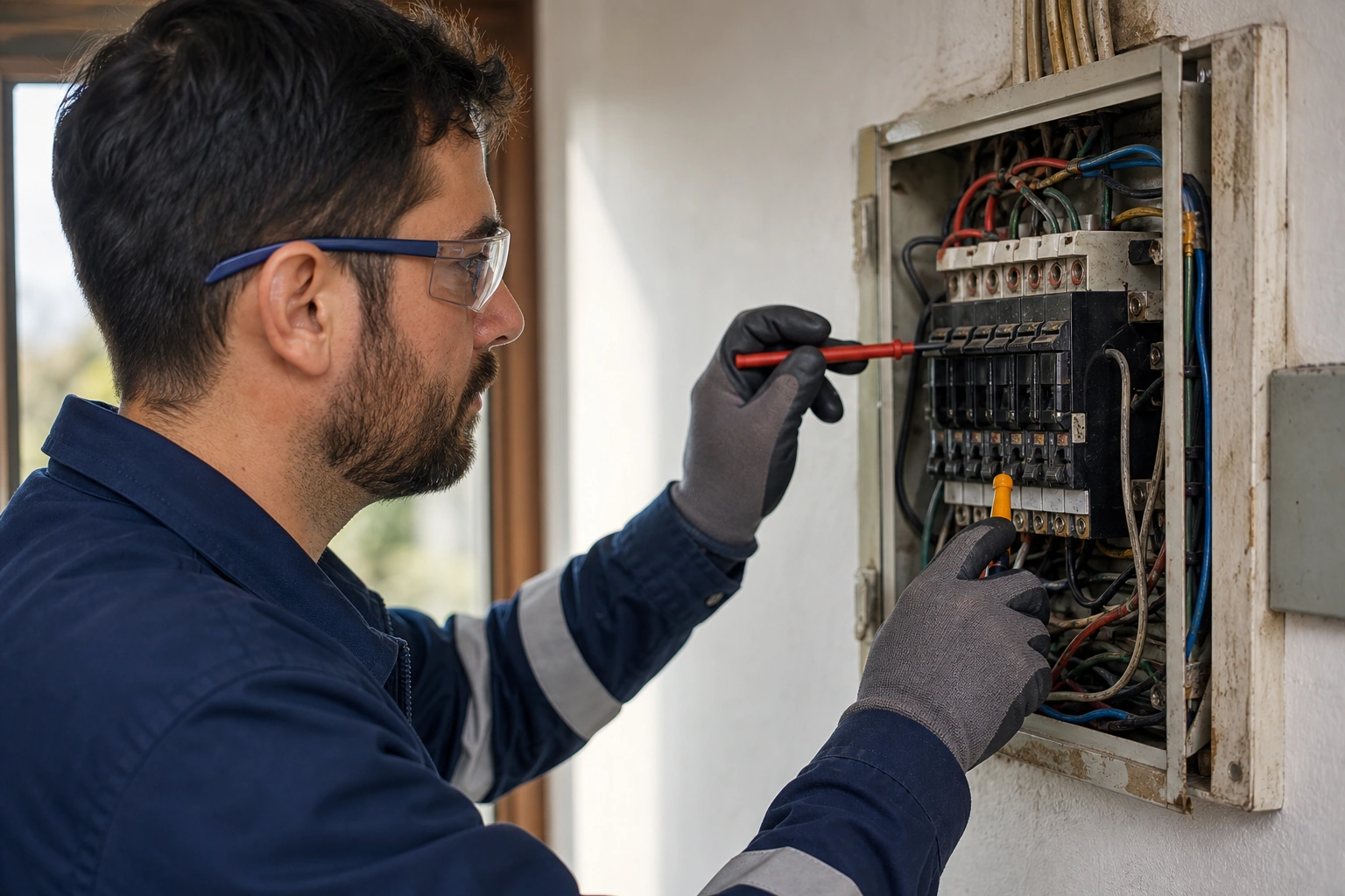Electricista revisando tablero eléctrico antiguo en una casa