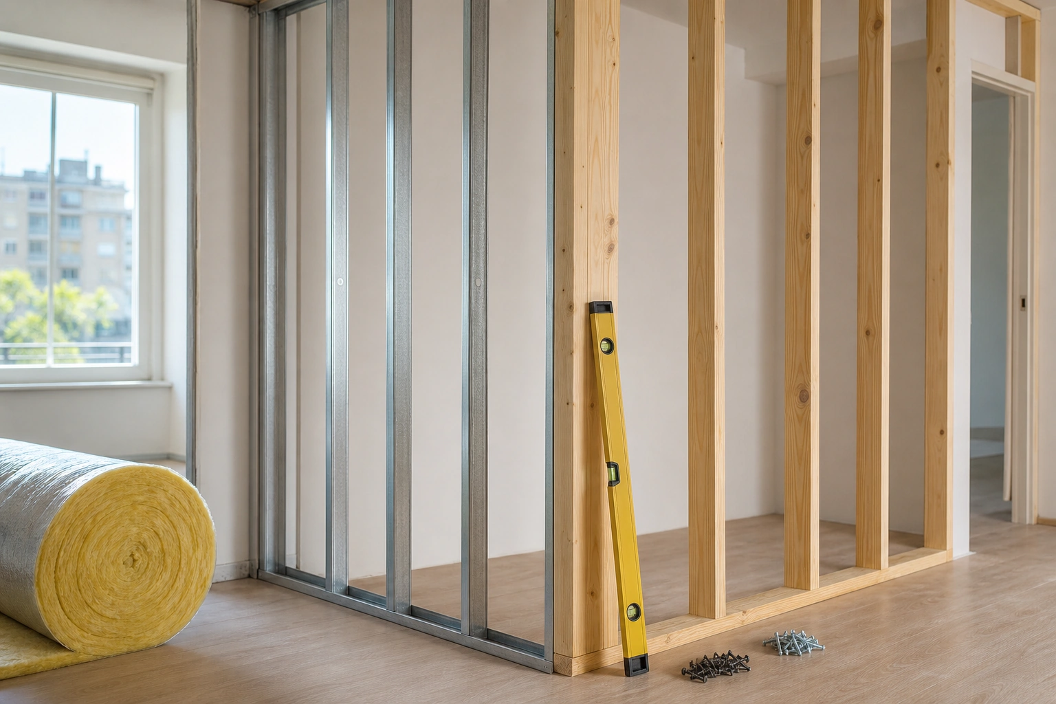Estructura de tabique interior con perfiles y materiales de terminación