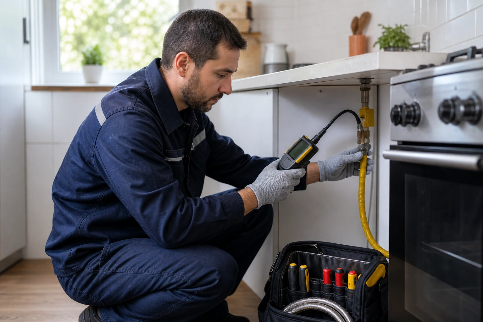 Técnico certificado revisando una posible fuga de gas en una cocina