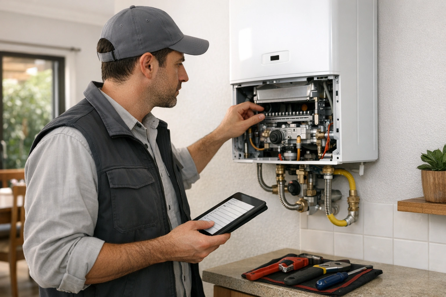 Técnico revisando un calefont en una vivienda