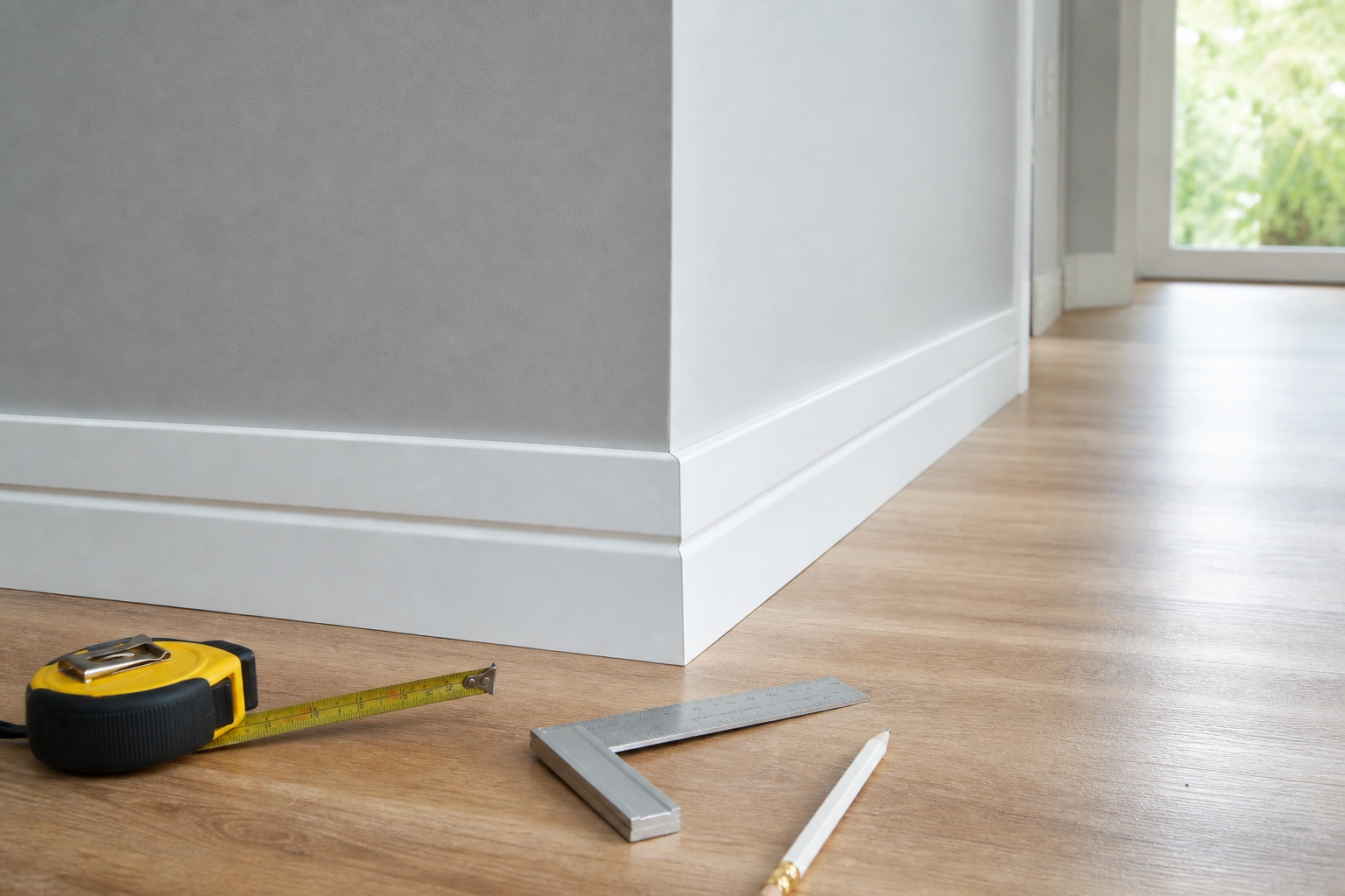Guardapolvo blanco bien instalado junto a muro pintado y piso terminado