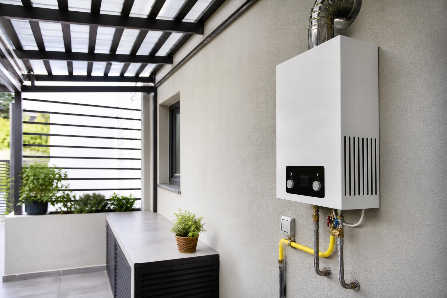 Calefont instalado en un área exterior ventilada con conexiones visibles
