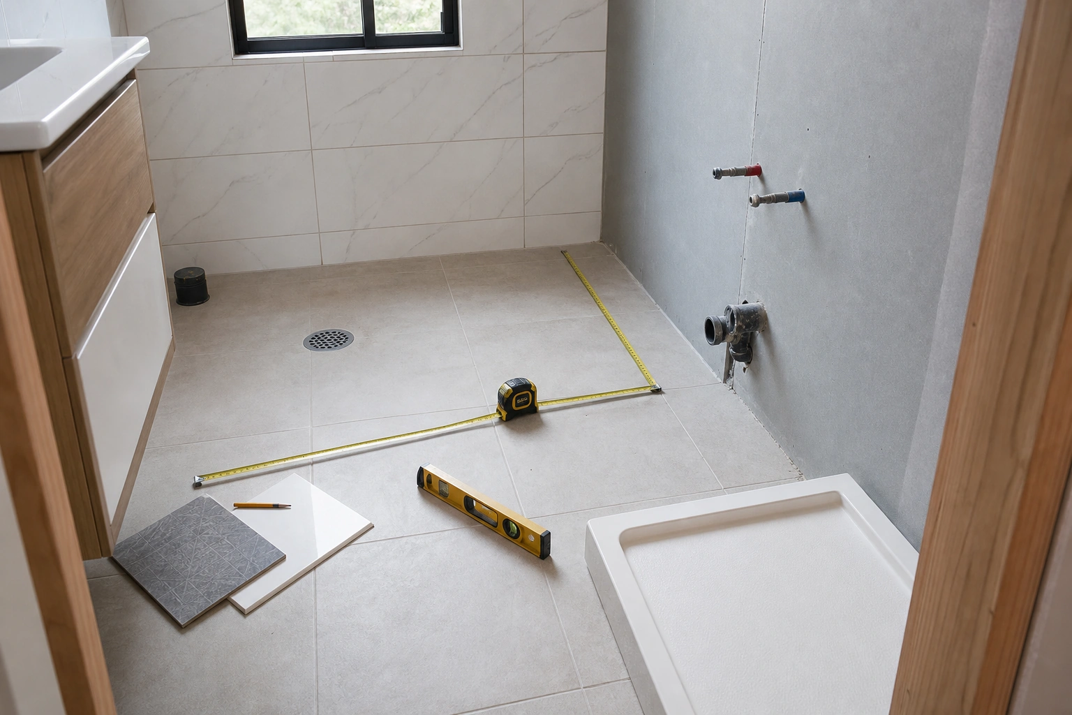 Medición de baño pequeño antes de elegir tina o receptáculo