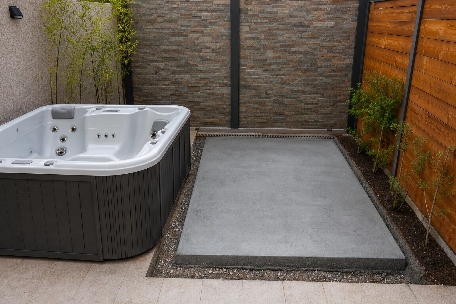 Base nivelada y espacio de acceso para instalar una tinaja o jacuzzi exterior