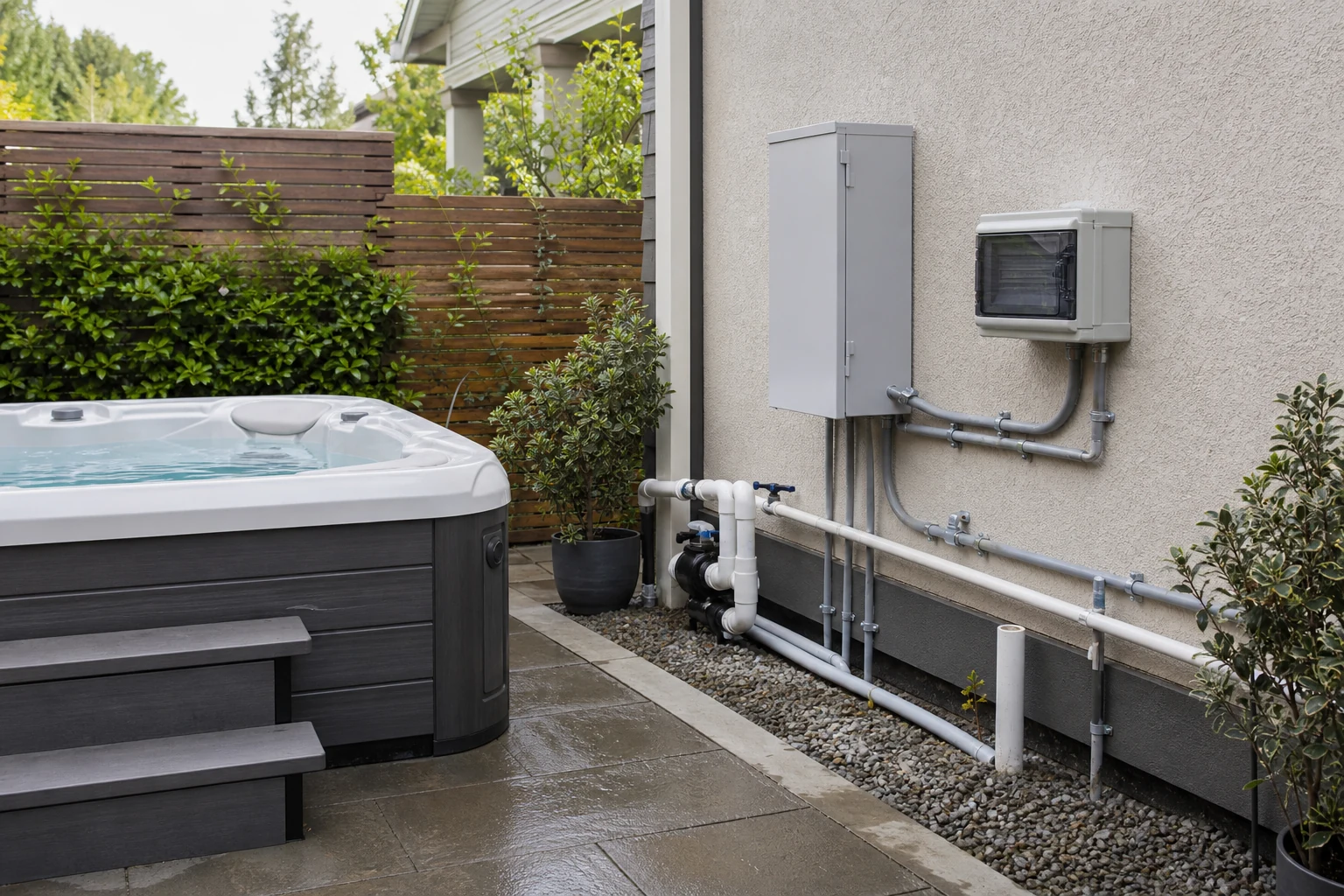 Área de servicio con tuberías y equipos eléctricos protegidos junto a un jacuzzi exterior