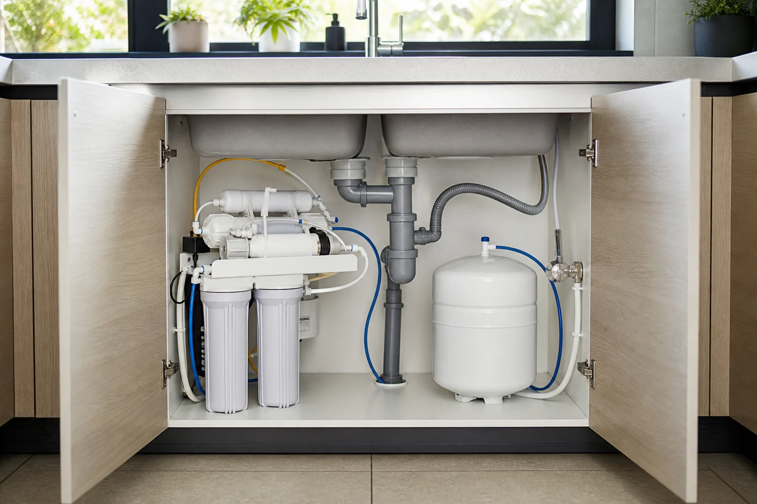 Sistema de ósmosis inversa instalado bajo el lavaplatos con membrana, prefiltros y estanque
