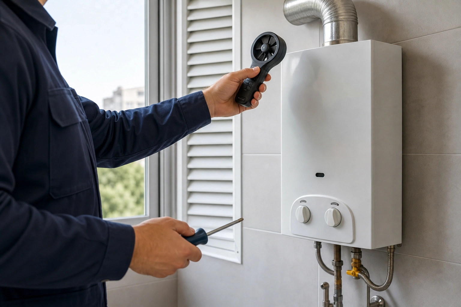Revisión técnica de ventilación cerca de un calefont residencial