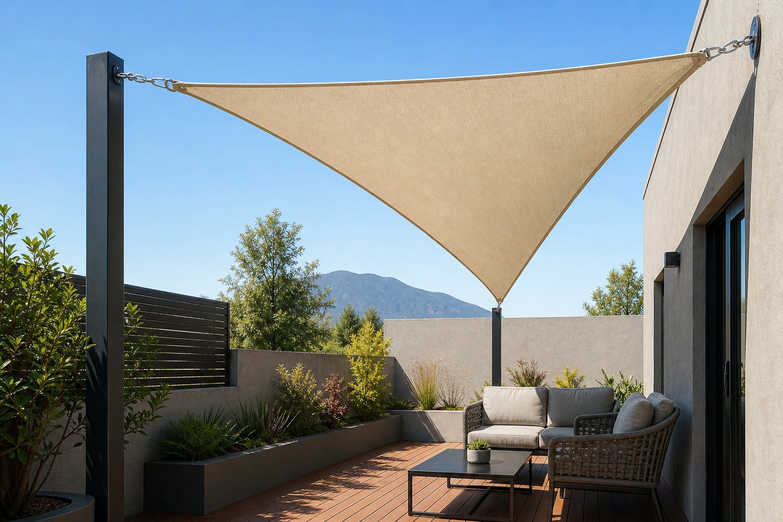 Vela de sombra triangular correctamente tensada y con pendiente sobre un patio
