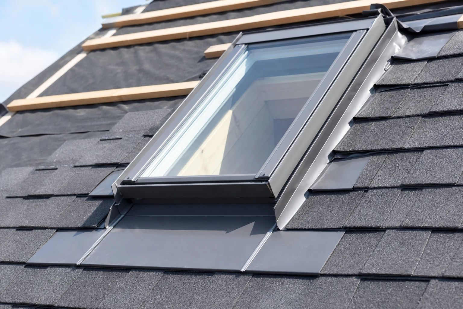 Tapajuntas metálico e impermeabilización alrededor de una ventana de techo