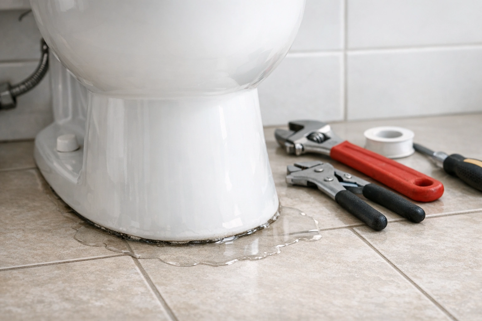 Agua en el piso junto a la base de un WC por posible falla de sello
