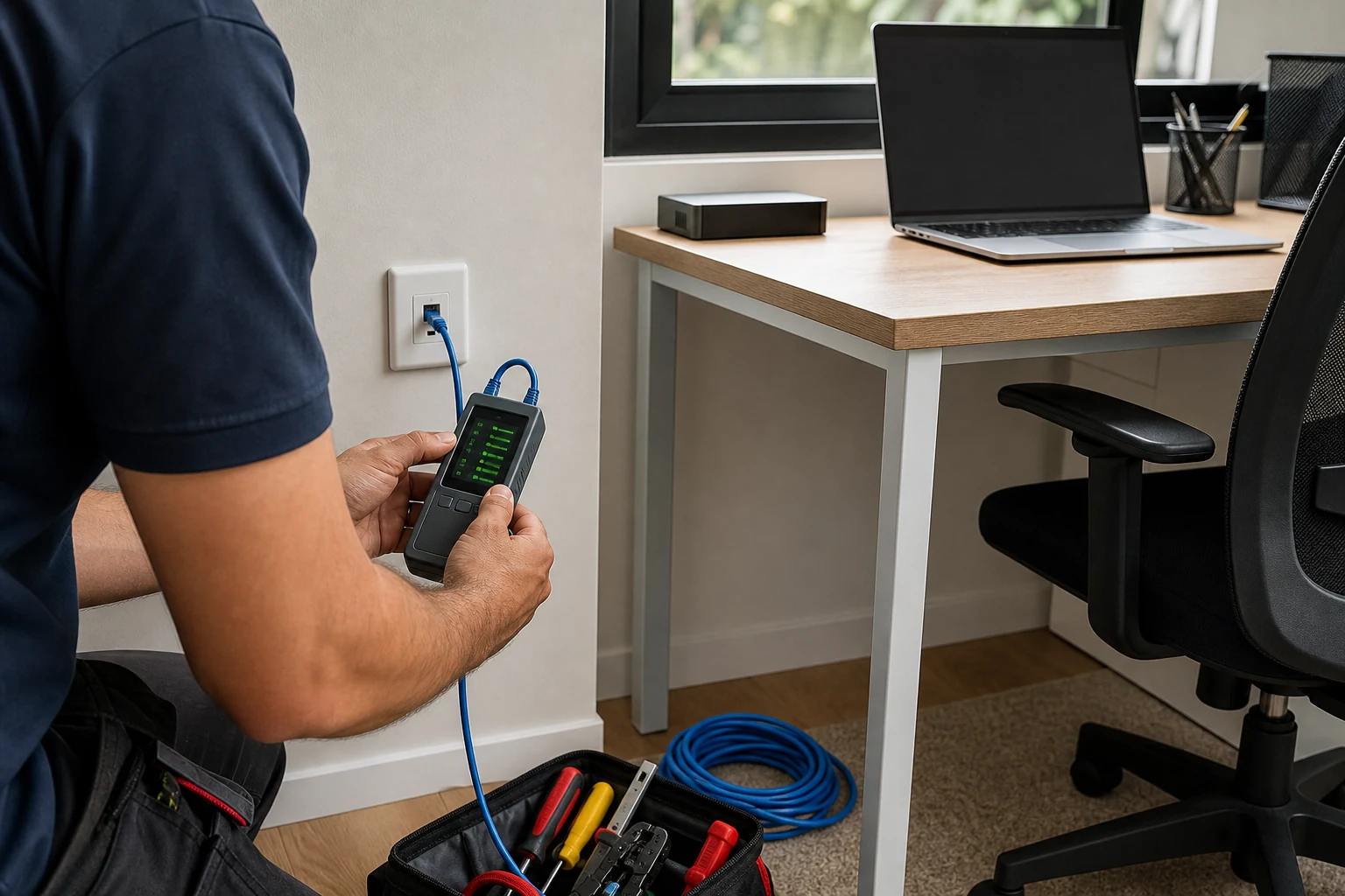 Técnico revisando un punto de red Ethernet para teletrabajo